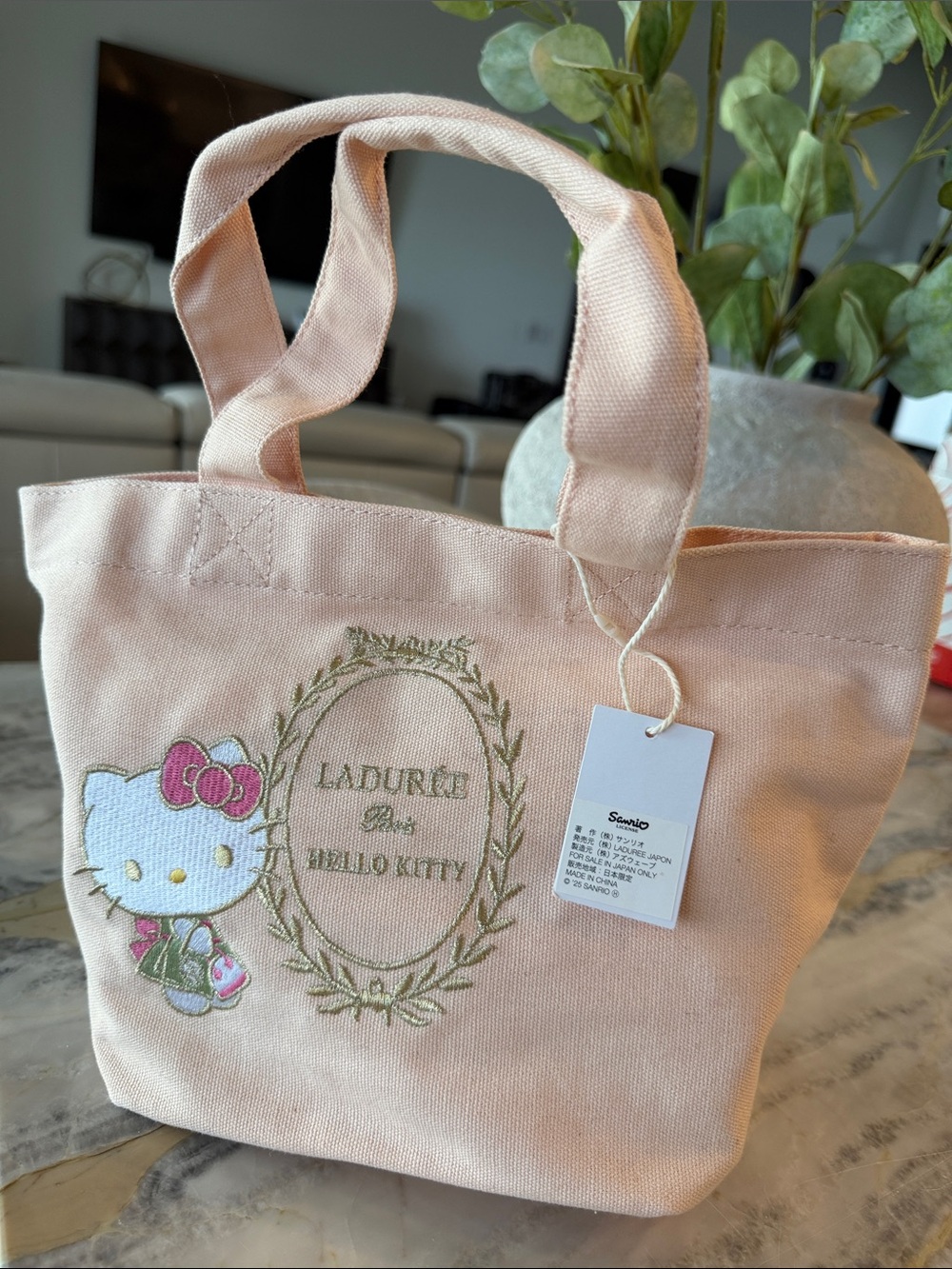 Sanrio Ladurée x Hello Kitty Peach Canvas mini tote